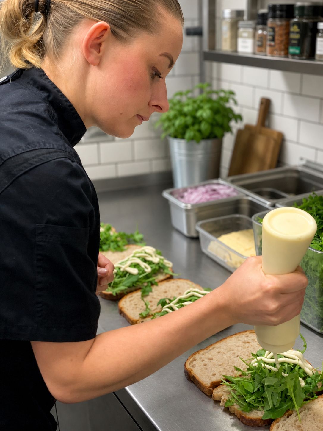 Marta preparing fresh sandwiches in the kitchen